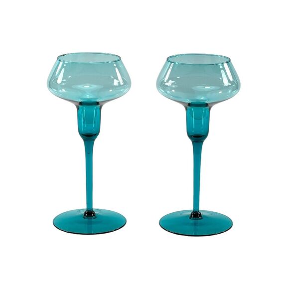 Mid-Century Turquoise Glass Taper Candle Holders Stemmed 8" Tall Teal Aqua Blue - Picture 1 of 7